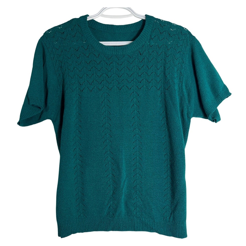 Vintage Vibe Teal Pointelle Knit Short Sleeve Sweater Top